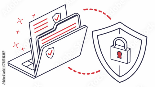 Laptop with folder containing documents and security shield with padlock representing data transfer