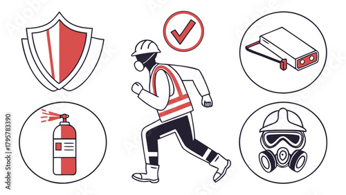 Illustration of a worker with safety equipment including a mask, shield, and spray can