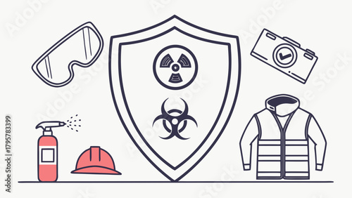 Illustration of safety equipment including a shield with biohazard and radiation symbols