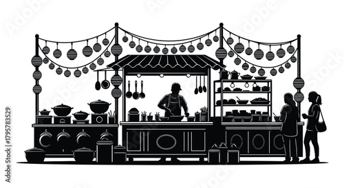 Street food stall with chef and customers vendor cooking