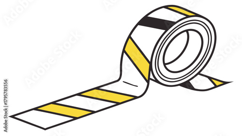 Illustration of a roll of striped tape with yellow and black bands on a white background