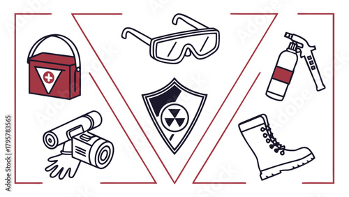 Illustration displaying safety equipment including first aid kit and protective eyewear boot