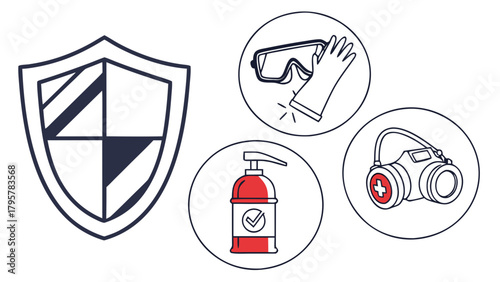 Illustration depicting a shield and various personal protective equipment in circular frames
