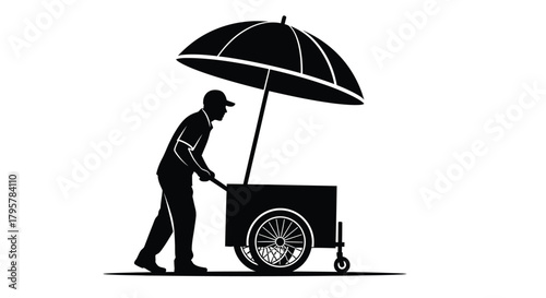 Vendor pushing cart umbrella black
