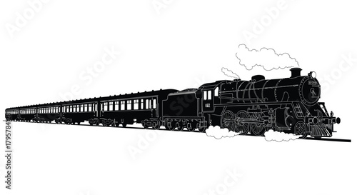 Vintage steam locomotive pulling passenger cars train