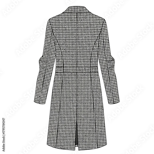 A stylish womens coat with a classic houndstooth pattern, featuring a tailored fit and elegant design, presented as a fashion illustration on a