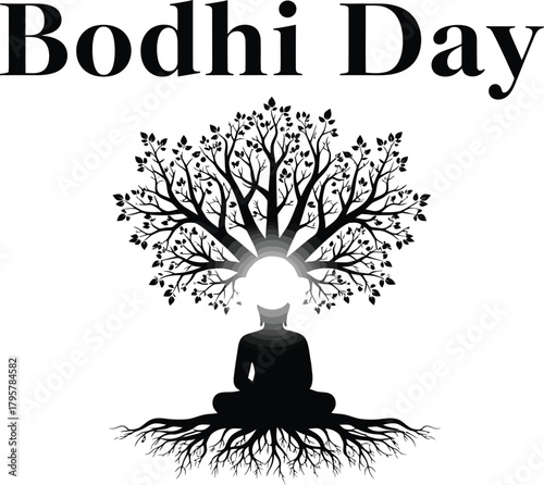 Bodhi Day illustration of Buddha meditating under a bodhi tree