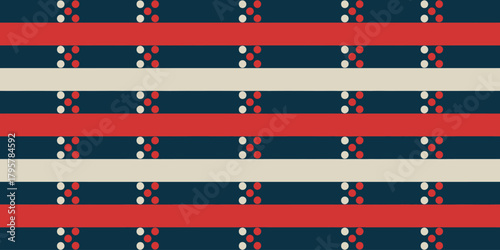 A repetitive pattern with horizontal stripes and small groups of red and white circles aligned vertically