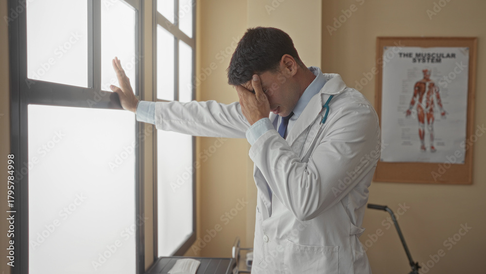 Fototapeta premium Man with stethoscope and white coat leans on window frame pressing palm to forehead in clinic; fatigue.