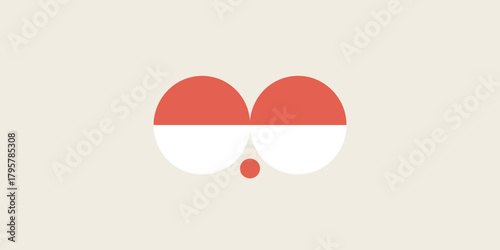 Abstract design featuring red and white circles resembling eyes and a small circle below them