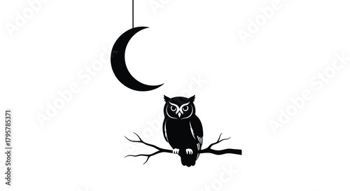 Black owl perched on branch under crescent moon bird