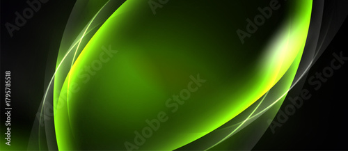 Abstract green waves flow across black background. Smooth curves create dynamic, luminous effect. Modern design element.