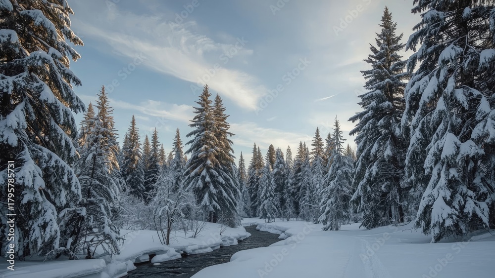 Obraz premium A snowy forest landscape with tall pine trees and a small stream under a partly cloudy sky.