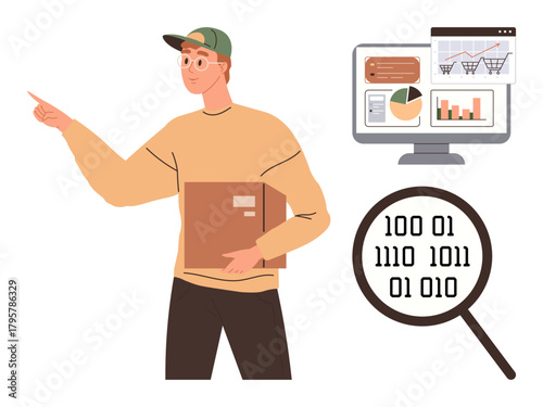 Worker holding a package while pointing aside, next to computer screens showing analytics, graphs, and binary code. Ideal for logistics, data analysis, shipping, delivery, technology statistics