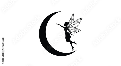 Fairy reaching for crescent moon silhouette wings