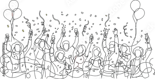 Group of people celebrating with champagne and confetti in a line art drawing
