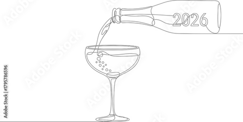 Continuous line drawing of champagne bottle pouring into glass for new year 2026