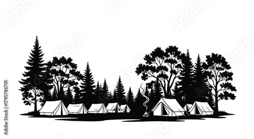 Forest camping scene with tents and campfire trees