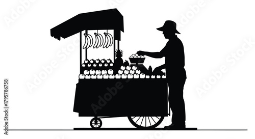 Fruit vendor cart with produce bananas apples