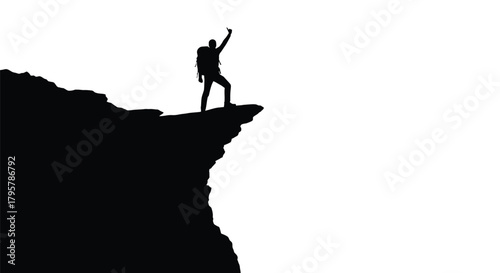 Hiker celebrates on cliff edge backpack summit