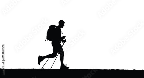 Hiker with backpack and poles walking silhouette