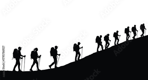 Hikers ascend steep slope climbing trekking