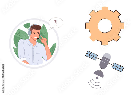 Customer service representative with headset in conversation. Satellite and gear symbolize global support, technology, and communication. Ideal for business, tech support, networking, customer