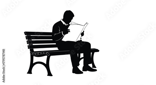 Man reading newspaper on park bench vector