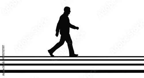 Man walking across black stripes silhouette white