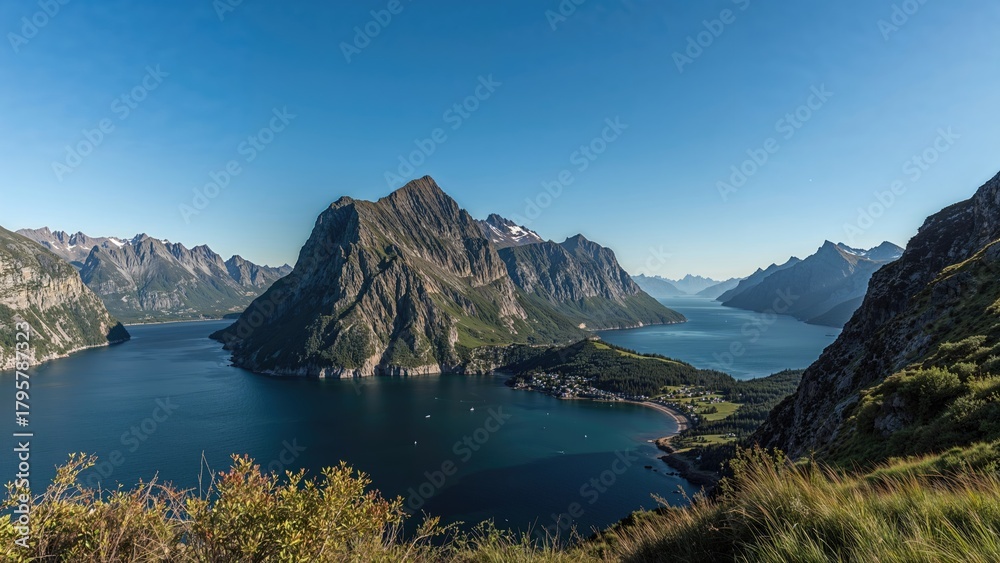 Fototapeta premium Scenic mountain landscape with lake and surrounding peaks, tranquil environment, and natural beauty.