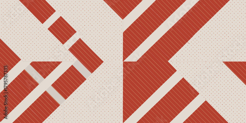 Abstract design featuring red triangles stripes and dots on a beige and white background art pattern