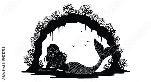 Mermaid cave coral trees birds vector