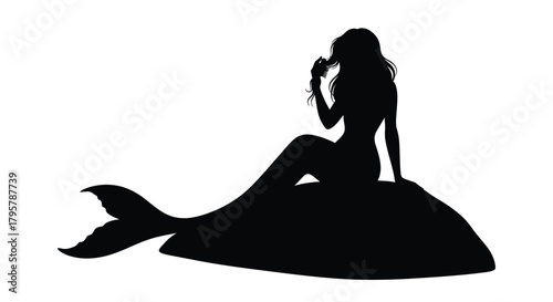 Mermaid combing hair on rock silhouette black