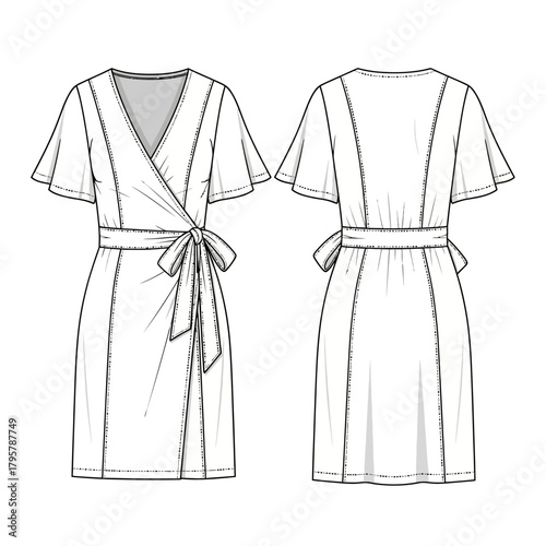 Fashion illustration of a wrap dress with flutter sleeves, showing front and back views