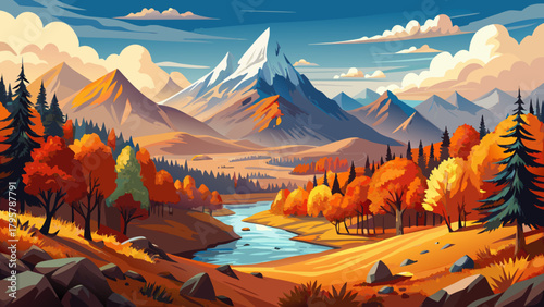 Very beautiful autumn mountain valley filled with vibrant fall foliage, showcasing golden forests, red maples, and rugged peaks under a crisp clear sky in a peaceful scenic landscape.