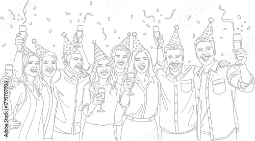 Group of friends celebrating with champagne wearing party hats line art style