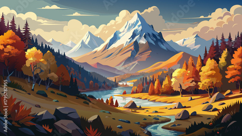 Very beautiful autumn mountain valley filled with vibrant fall foliage, showcasing golden forests, red maples, and rugged peaks under a crisp clear sky in a peaceful scenic landscape.