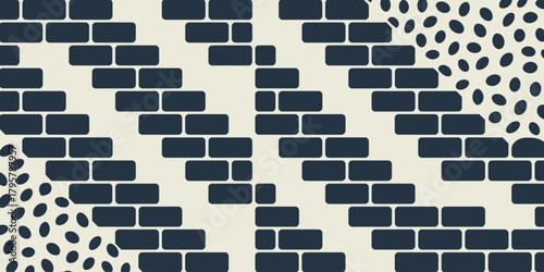 Abstract pattern with dark blue brick shapes and dots on a light background in a repeating design