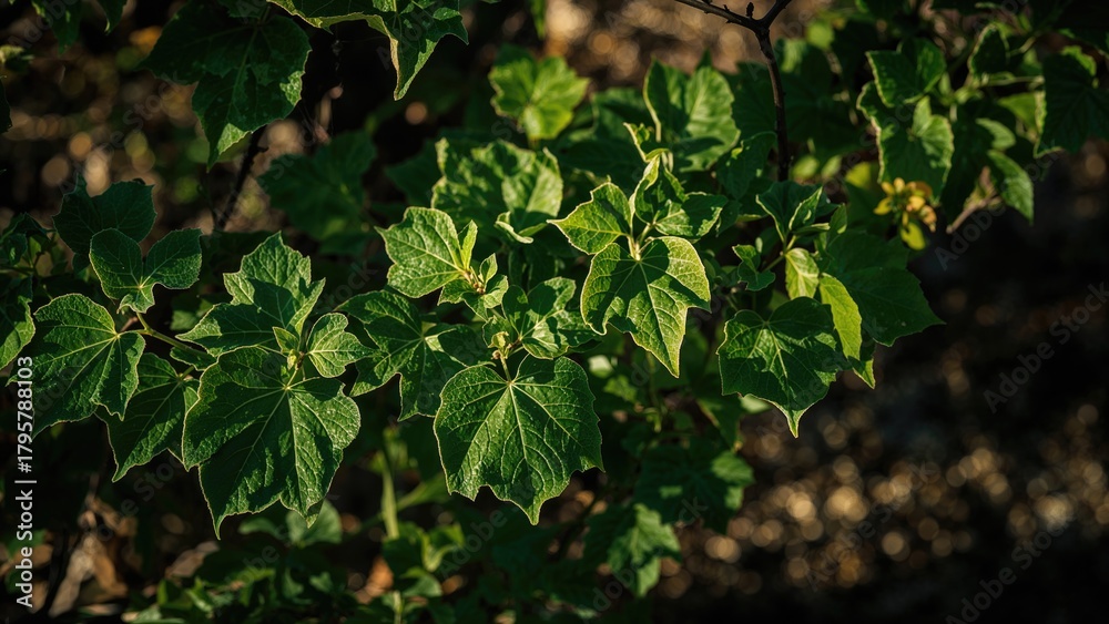 Obraz premium Green ivy leaves with sunlight and shadows, close-up of foliage and plant covering the ground, natural environment, greenery, and outdoor scenery.