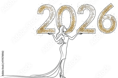 Elegant woman holding up the glittering 2026 year on a clean white background