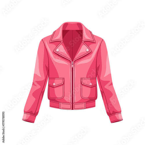 Pink leather biker jacket with zip closure and pocket details
