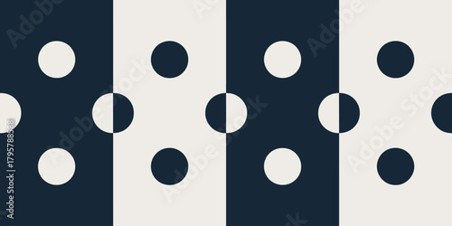 A repeating pattern of white and dark blue panels with circles in a symmetrical arrangement