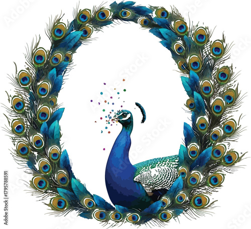 Elegant peacock framed by vibrant feathers against a soft neutral background