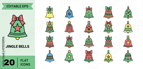 Collection of twenty flat icons featuring colorful jingle bells, perfect for adding a festive touch to your holiday designs and projects