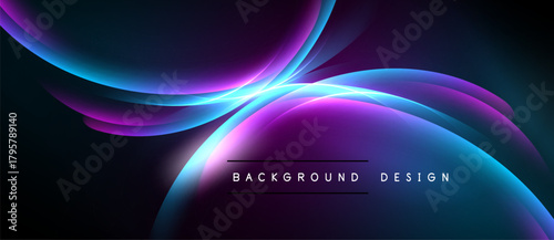 Abstract flowing shapes, vibrant colors blend. Dark background emphasizes luminous curves, creating dynamic visual effect. Modern design element.