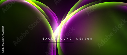 Abstract flowing shapes, vibrant purple, green hues. Modern design element with dark background. Smooth gradients create dynamic visual effect.