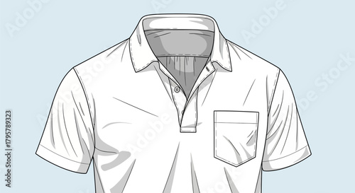 Fashion flat sketch of a white short sleeve polo shirt with a chest pocket, presented on a plain background for design and apparel illustration purposes
