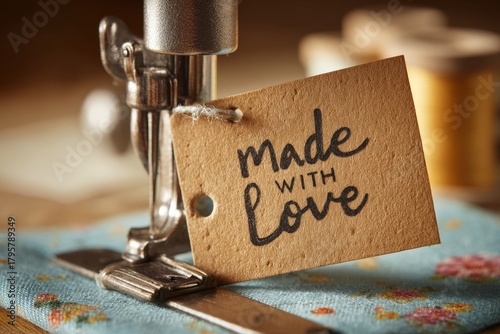 A sewing machine stitching pasta with ink splatters, 'Made with Love'.