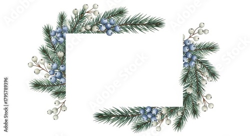 A festive christmas wreath made of green fir branches, frosted blueberries, and white berries, forming a decorative border around a blank white space