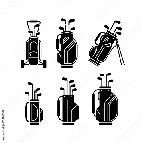 Collection of six black silhouette icons representing golf bags with clubs, isolated on a